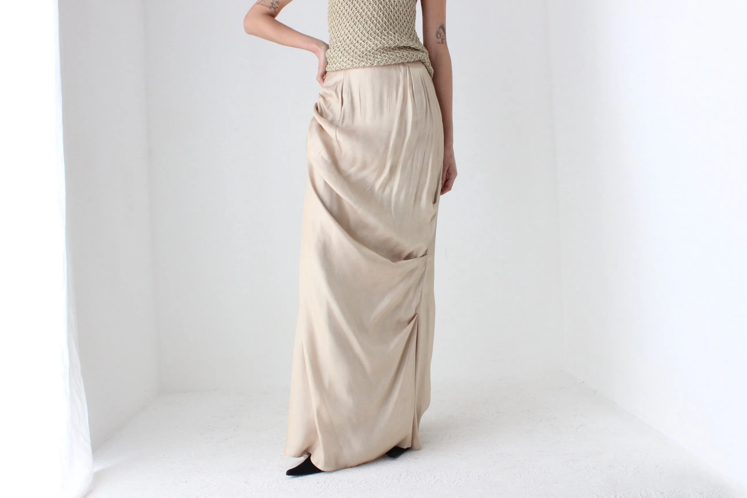 90s Draped Greek Statue Subtle Gold Maxi Skirt