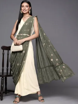 Ahalyaa Off White & Olive Green Ethnic Maxi Dress with Attached Dupatta