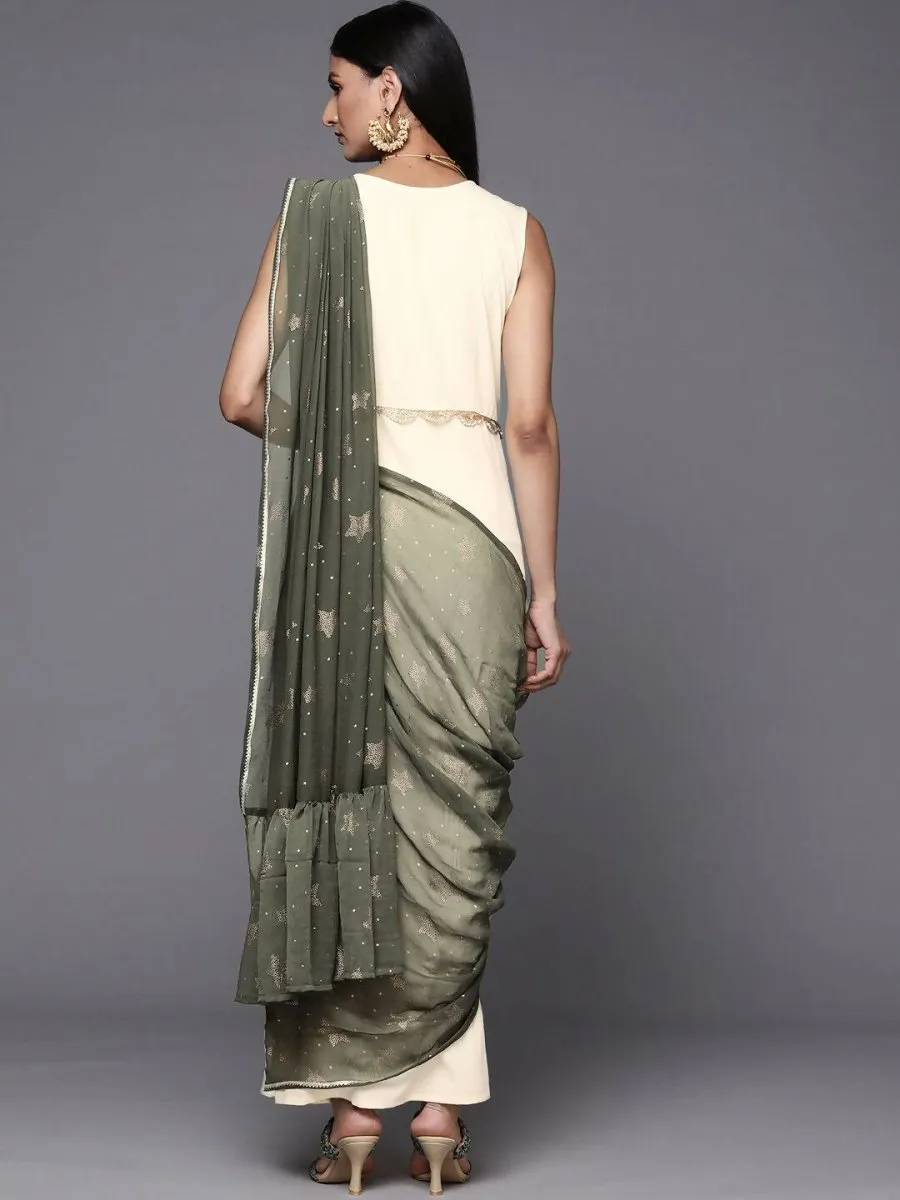 Ahalyaa Off White & Olive Green Ethnic Maxi Dress with Attached Dupatta