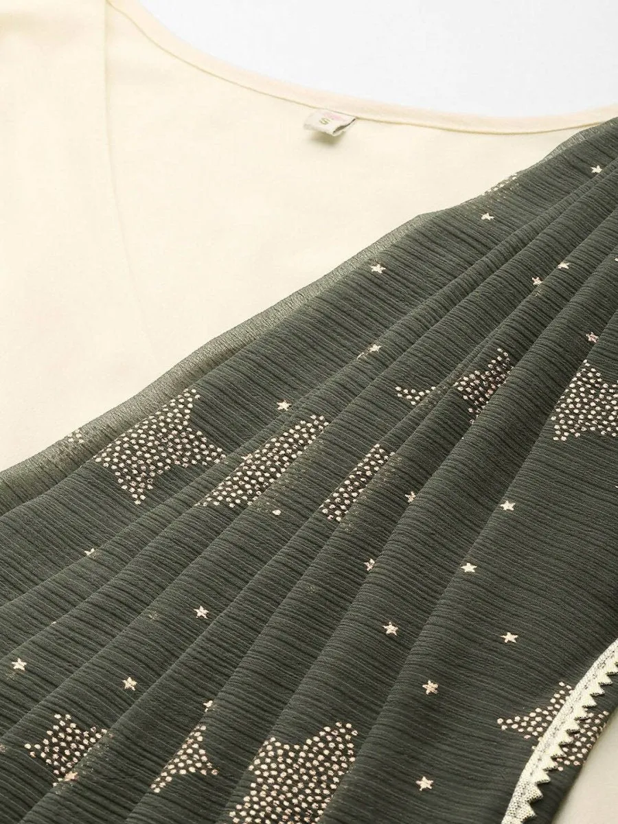 Ahalyaa Off White & Olive Green Ethnic Maxi Dress with Attached Dupatta