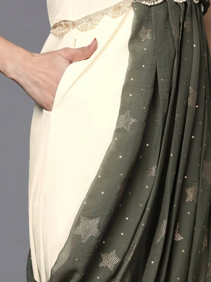 Ahalyaa Off White & Olive Green Ethnic Maxi Dress with Attached Dupatta