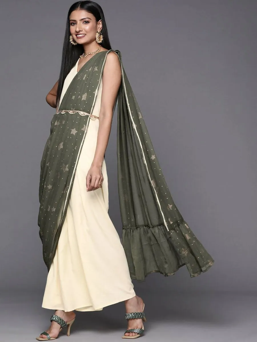 Ahalyaa Off White & Olive Green Ethnic Maxi Dress with Attached Dupatta