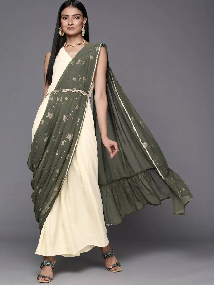 Ahalyaa Off White & Olive Green Ethnic Maxi Dress with Attached Dupatta