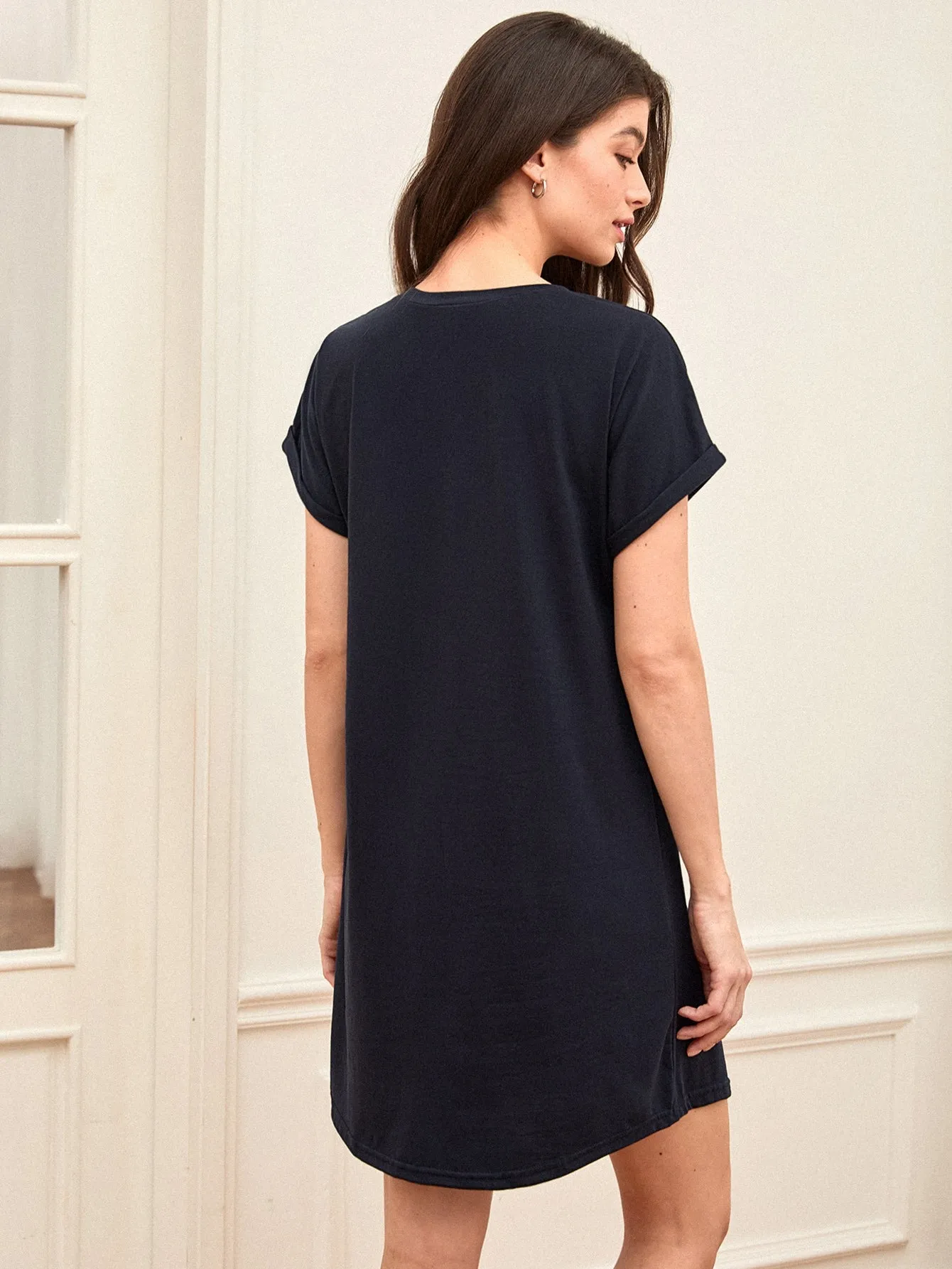 BASICS Cotton Rolled Cuff Solid Tee Dress