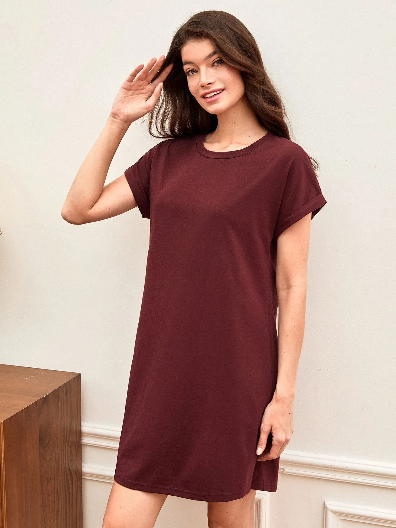 BASICS Cotton Rolled Cuff Solid Tee Dress