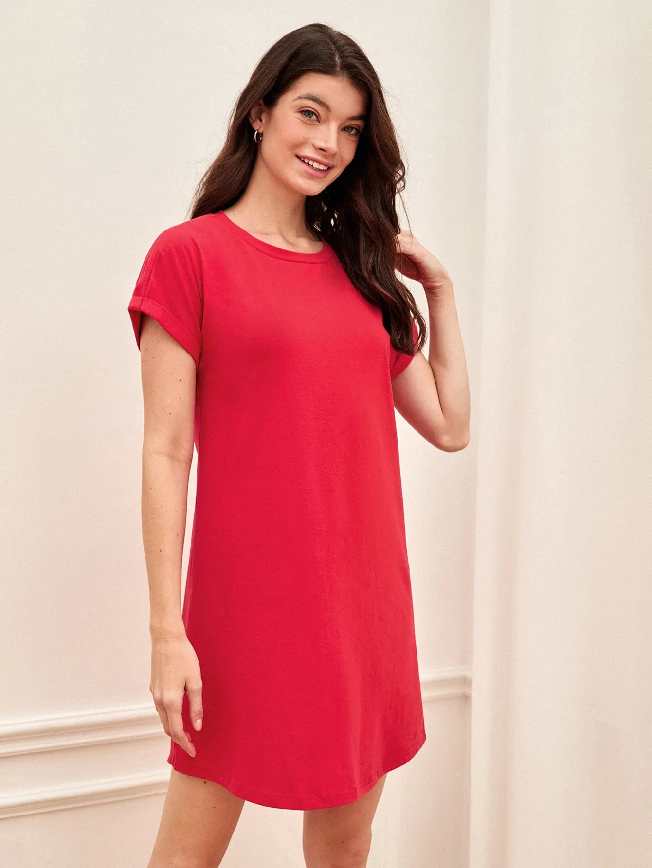 BASICS Cotton Rolled Cuff Solid Tee Dress