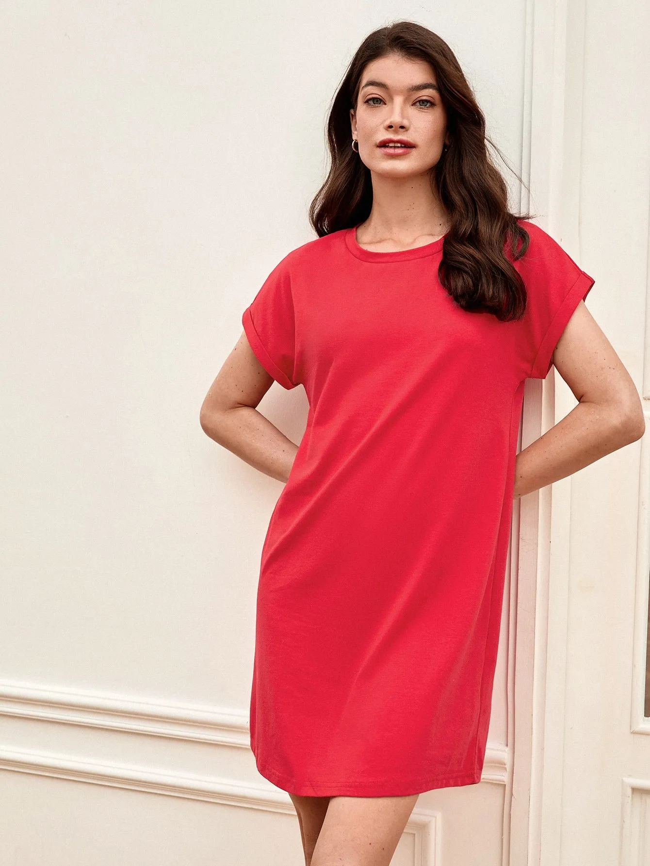 BASICS Cotton Rolled Cuff Solid Tee Dress
