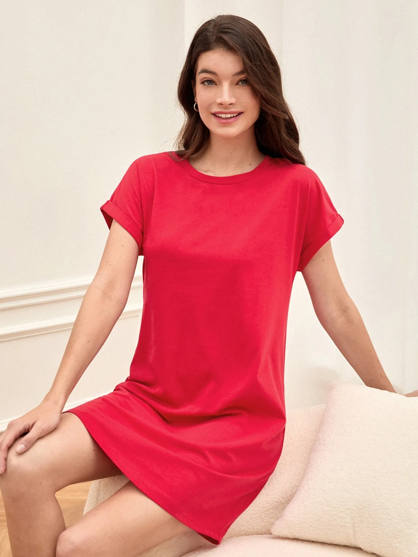 BASICS Cotton Rolled Cuff Solid Tee Dress