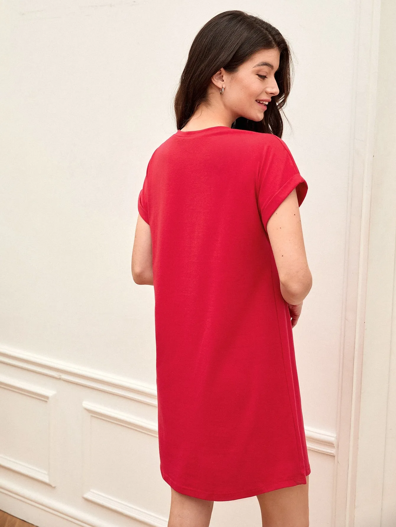 BASICS Cotton Rolled Cuff Solid Tee Dress