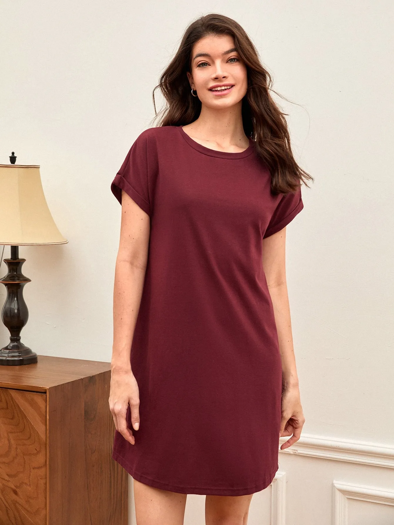 BASICS Cotton Rolled Cuff Solid Tee Dress