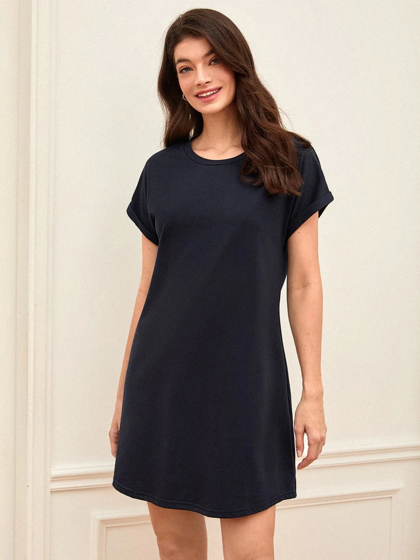 BASICS Cotton Rolled Cuff Solid Tee Dress