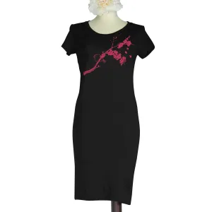 Black Bird and Plum Blossoms Bamboo T-Shirt Dress
