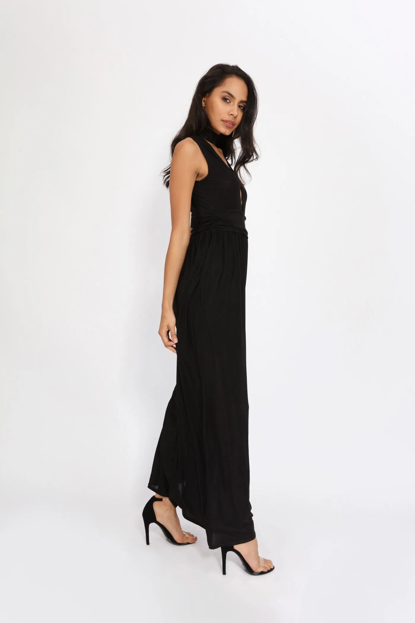 Black Plunge Front Maxi Dress With Choker