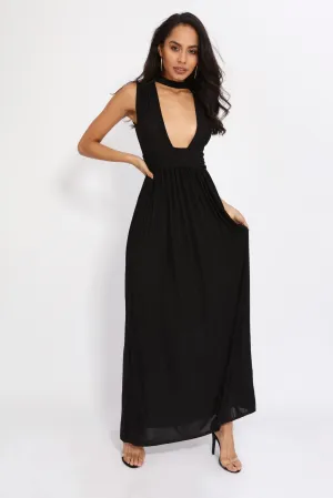Black Plunge Front Maxi Dress With Choker