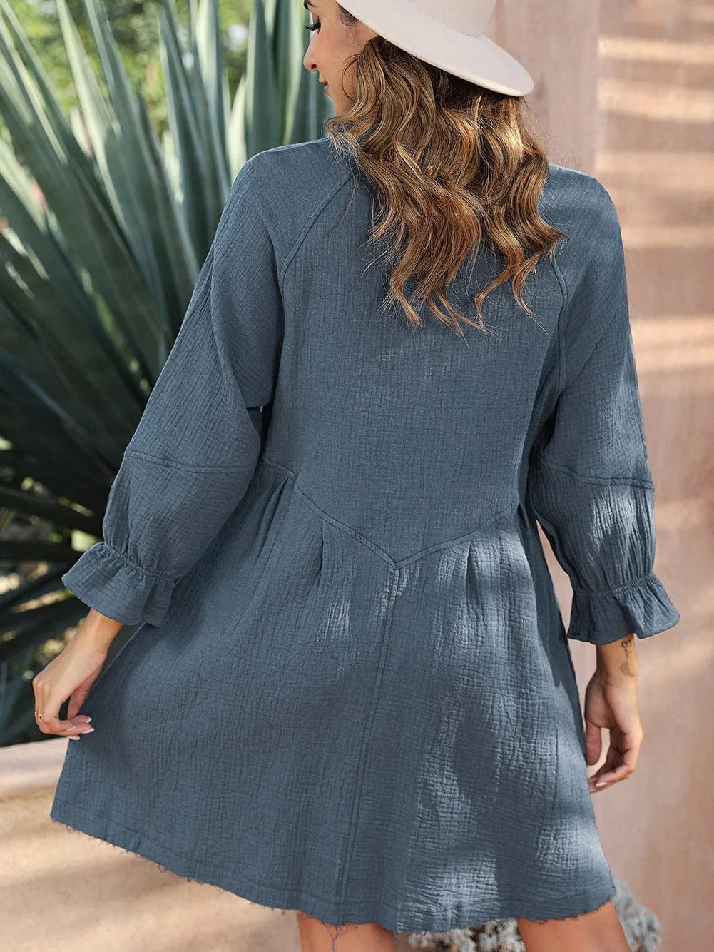 Blue Crinkled Shirt Dress with Ruffled Sleeves and Button Details