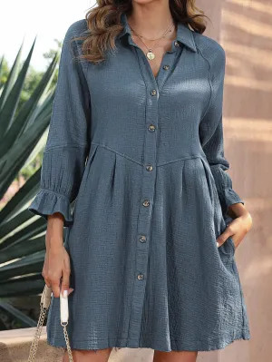 Blue Crinkled Shirt Dress with Ruffled Sleeves and Button Details