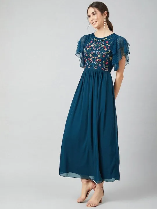 Blue Embroidered Maxi Dress for Women