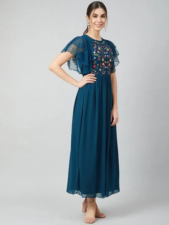 Blue Embroidered Maxi Dress for Women