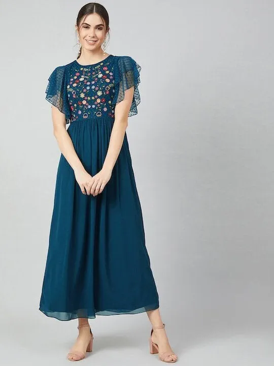 Blue Embroidered Maxi Dress for Women