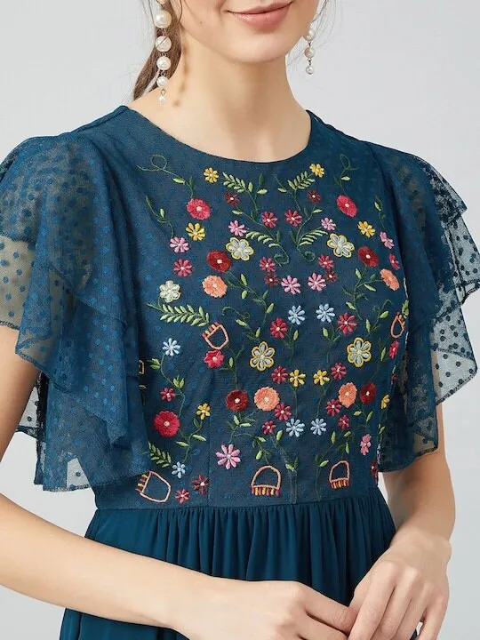 Blue Embroidered Maxi Dress for Women
