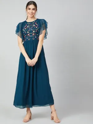Blue Embroidered Maxi Dress for Women