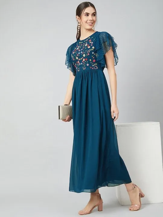 Blue Embroidered Maxi Dress for Women