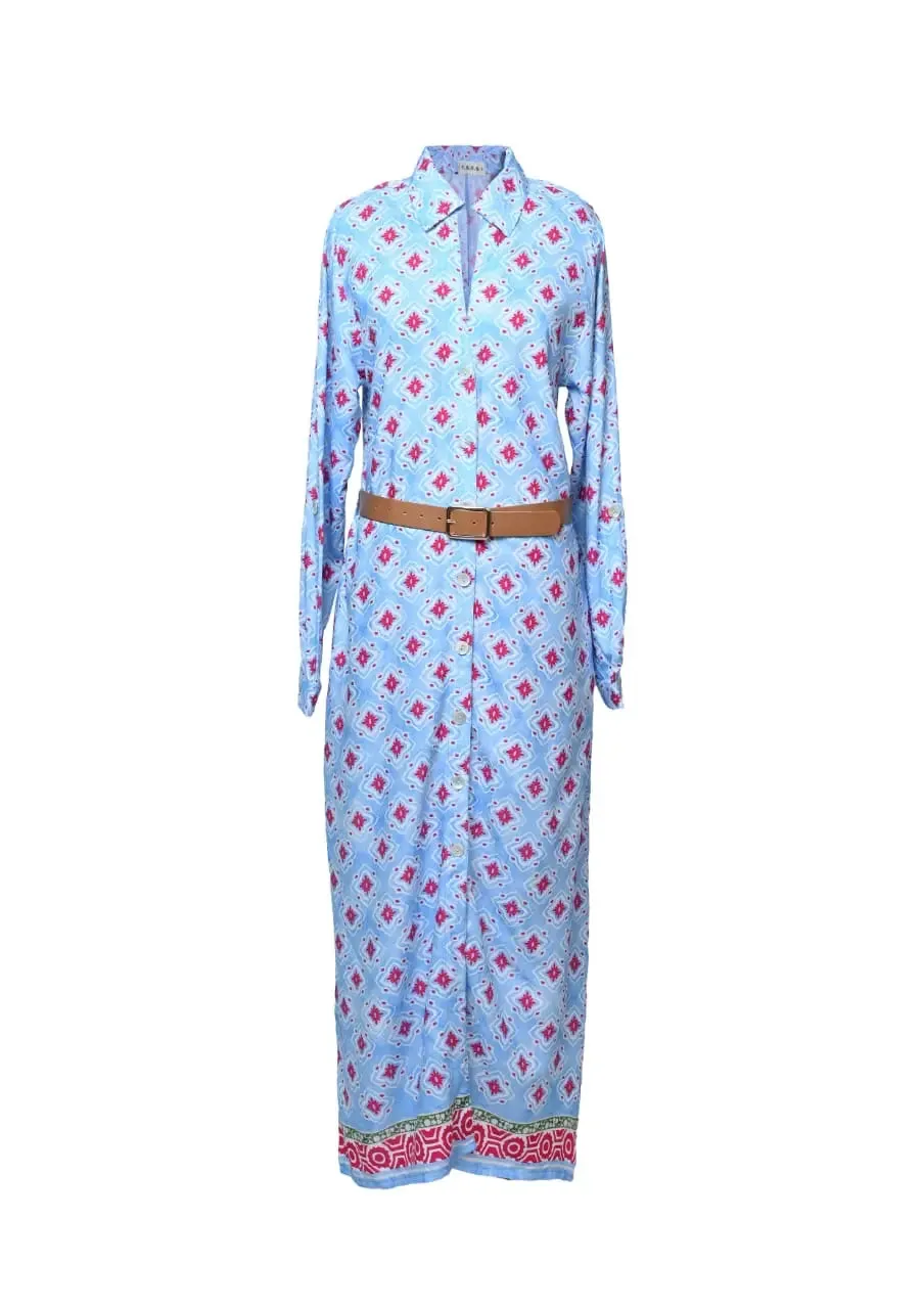 Blue printed belt dress