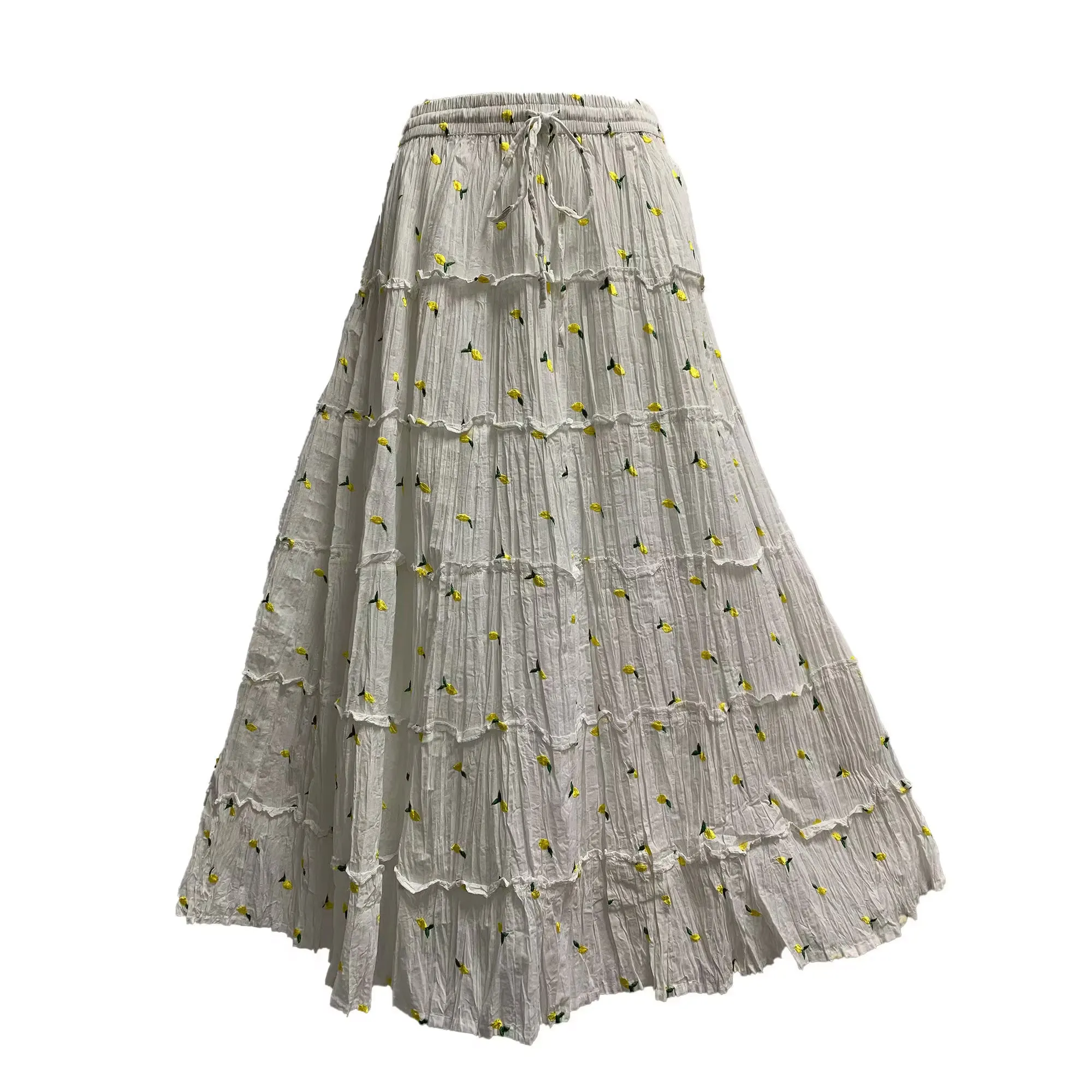 Boho Gypsy Peasant White Yellow Green Petal Embroidered Crinkled Gauze Cotton Tiered Long Maxi Skirt
