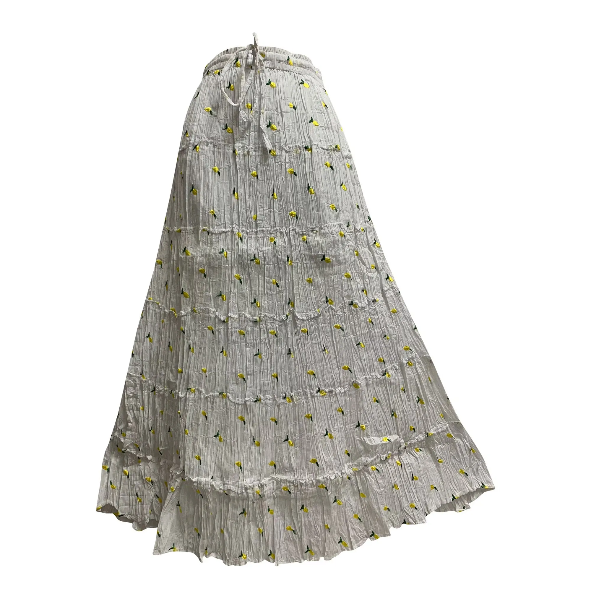 Boho Gypsy Peasant White Yellow Green Petal Embroidered Crinkled Gauze Cotton Tiered Long Maxi Skirt