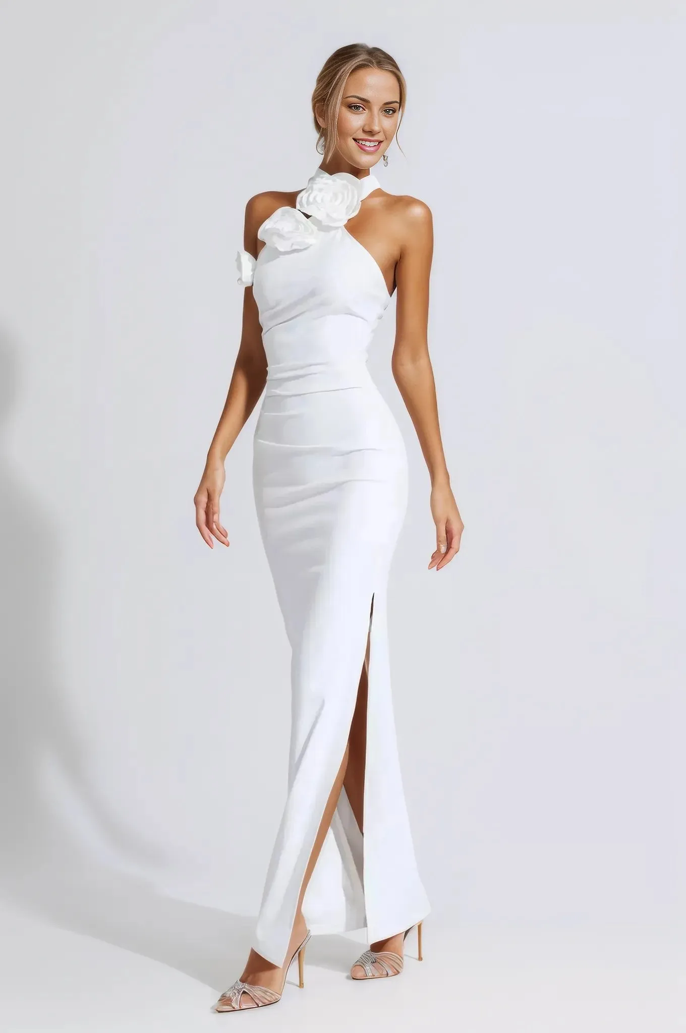 Bonnie Halter Ruched 3D Flowers Gown Dress