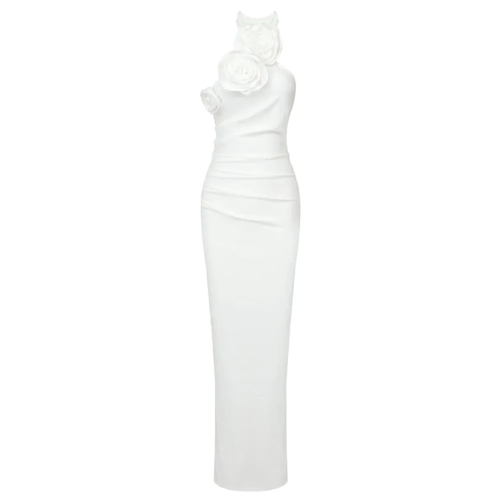 Bonnie Halter Ruched 3D Flowers Gown Dress