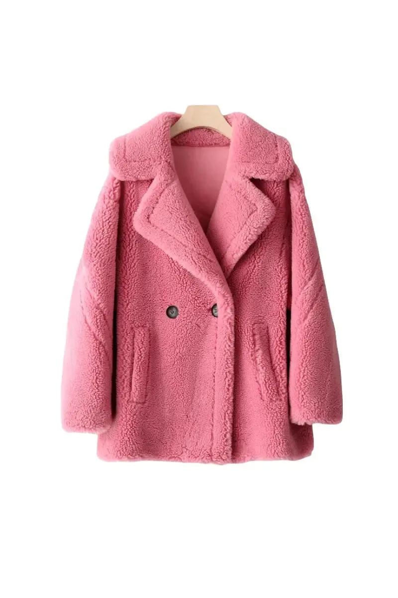 Brown Double Breasted Wool Blend Teddy Sherpa Coat