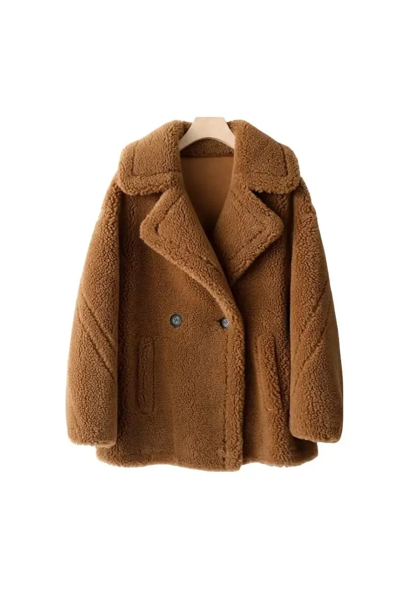Brown Double Breasted Wool Blend Teddy Sherpa Coat