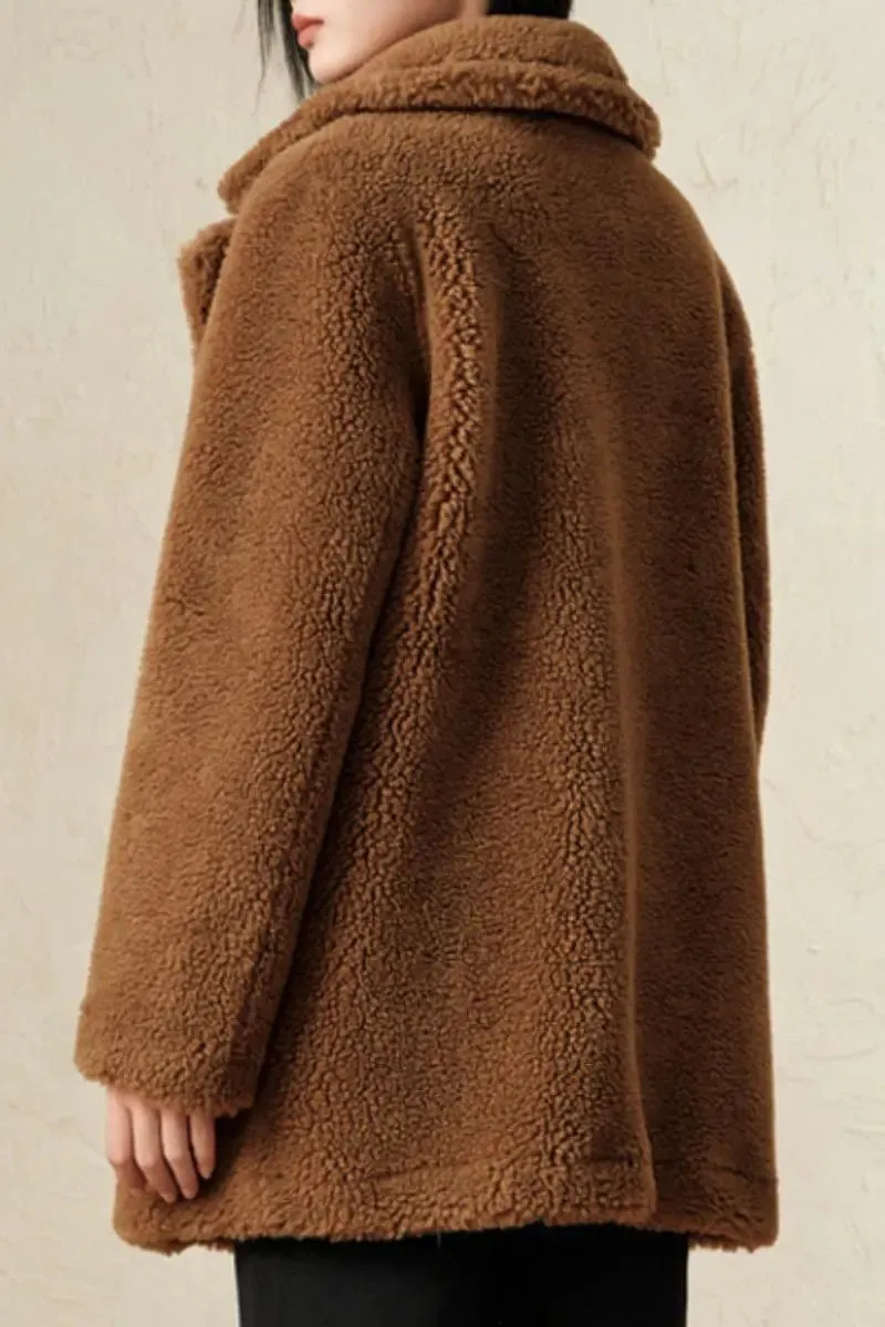 Brown Double Breasted Wool Blend Teddy Sherpa Coat