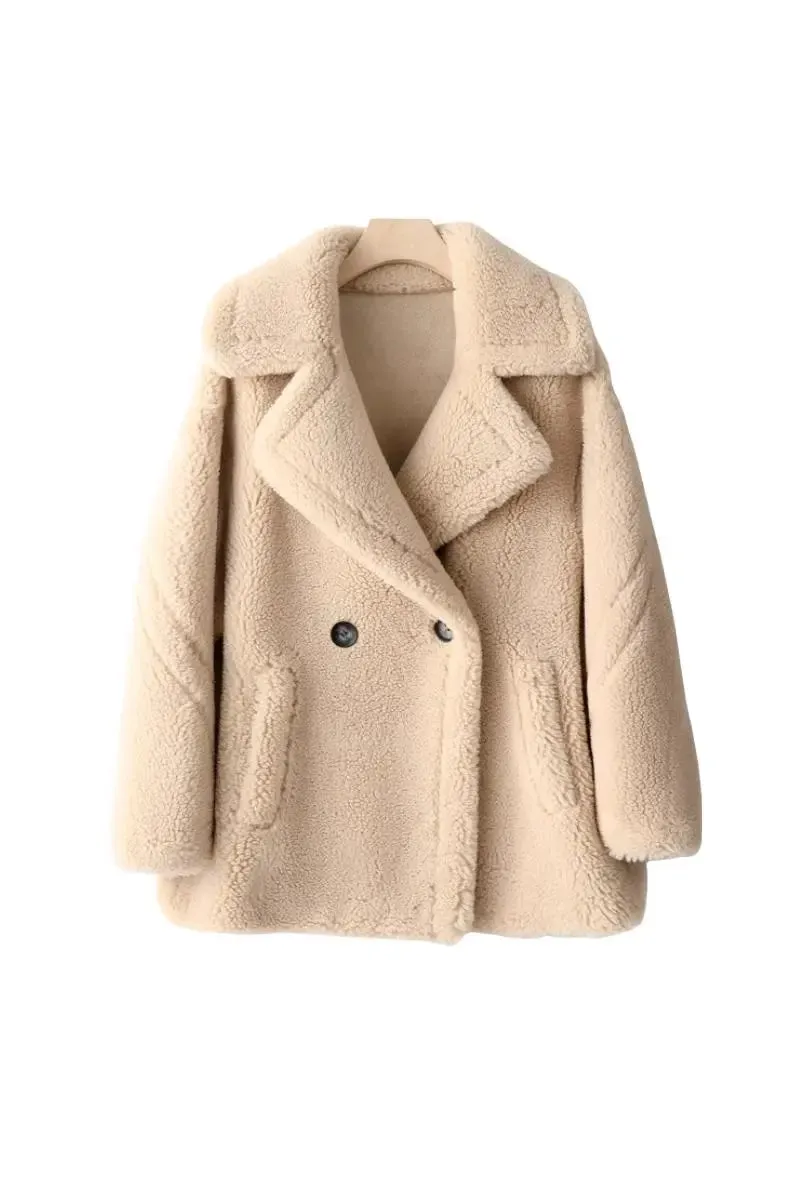 Brown Double Breasted Wool Blend Teddy Sherpa Coat