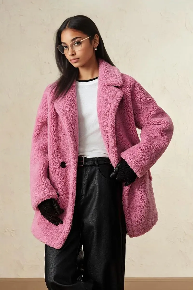 Brown Double Breasted Wool Blend Teddy Sherpa Coat