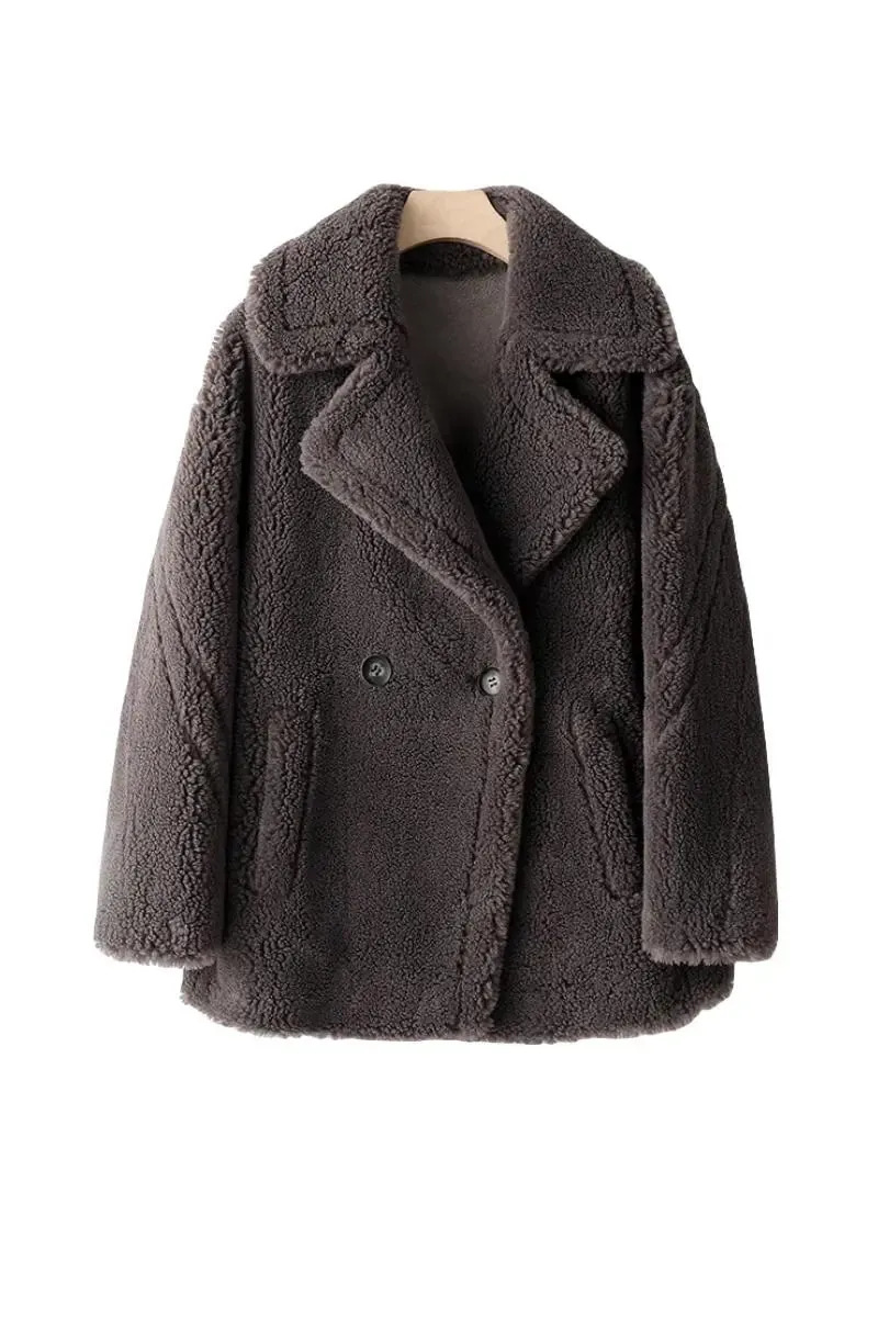 Brown Double Breasted Wool Blend Teddy Sherpa Coat