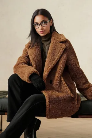 Brown Double Breasted Wool Blend Teddy Sherpa Coat