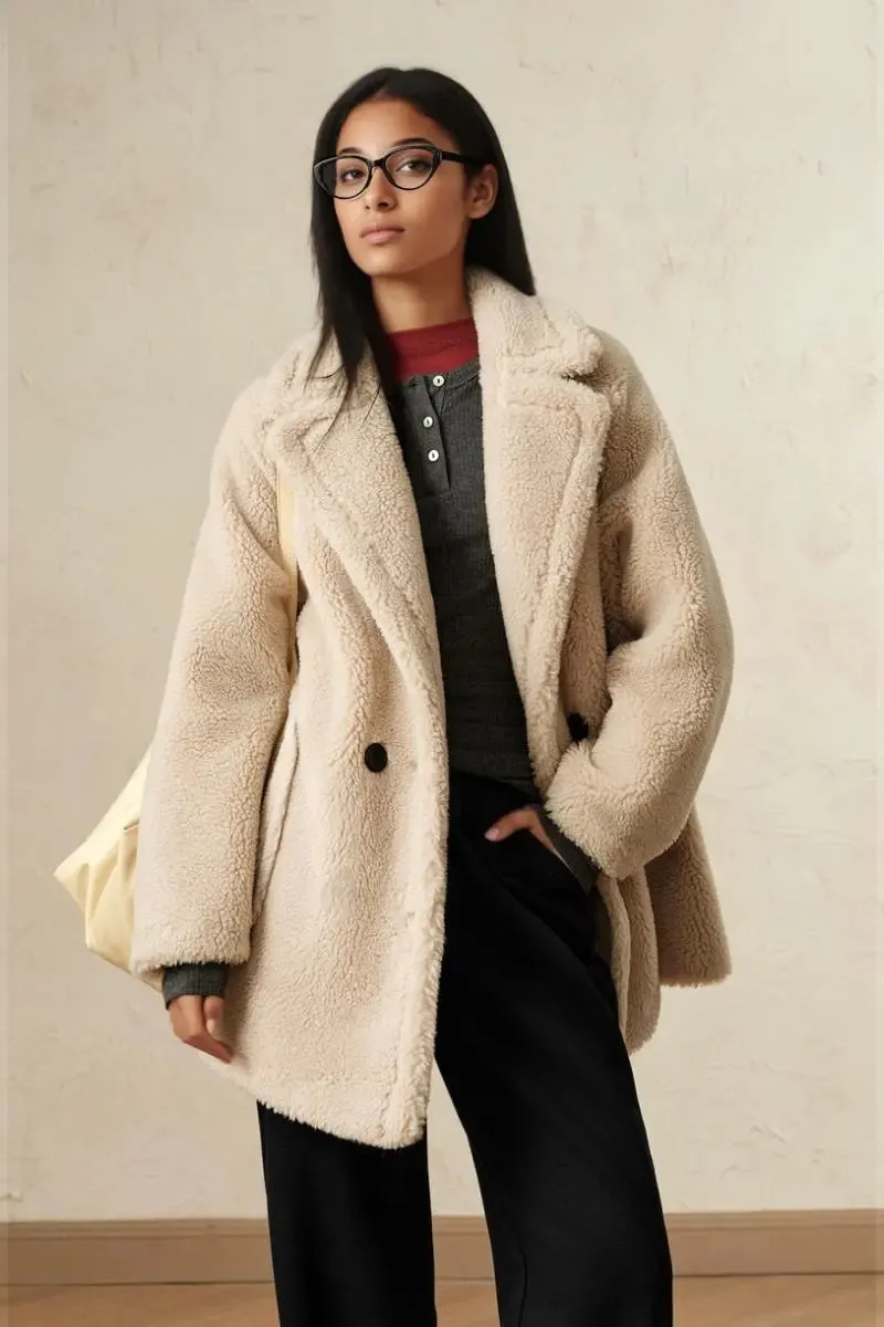 Brown Double Breasted Wool Blend Teddy Sherpa Coat