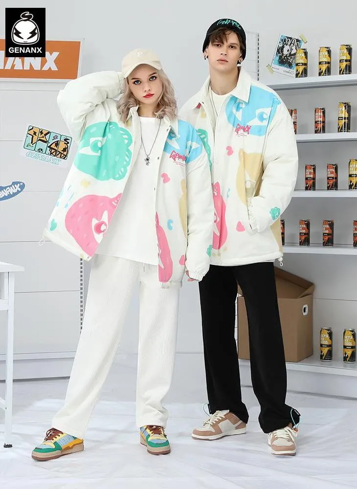 Candy Color Print Drop-Shoulder Sleeve Padded Coat