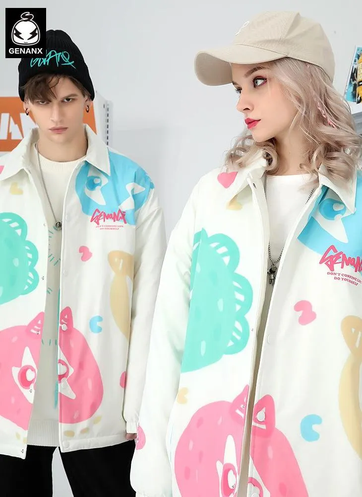 Candy Color Print Drop-Shoulder Sleeve Padded Coat