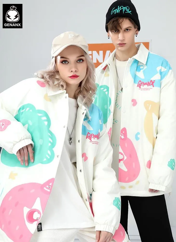 Candy Color Print Drop-Shoulder Sleeve Padded Coat