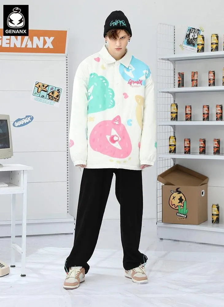 Candy Color Print Drop-Shoulder Sleeve Padded Coat