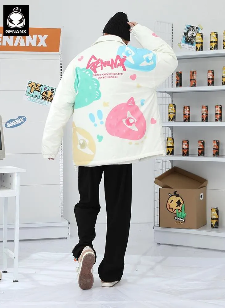 Candy Color Print Drop-Shoulder Sleeve Padded Coat