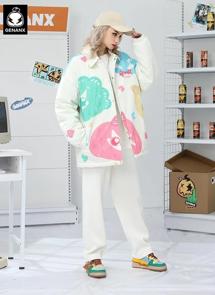 Candy Color Print Drop-Shoulder Sleeve Padded Coat