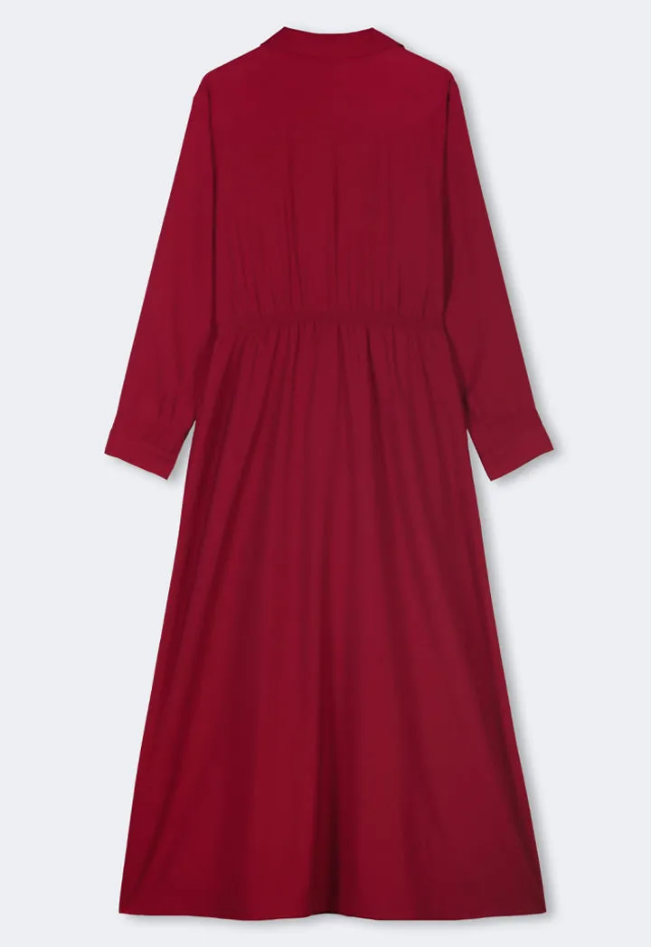 Choice Drawstring Waist Maxi Shirt Dress Burgundy