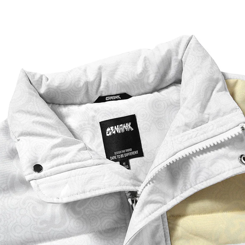 Color Block Graffiti Print Patchwork Stand Collar Padded Coat