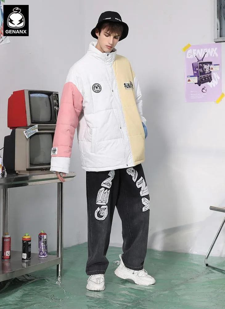 Color Block Graffiti Print Patchwork Stand Collar Padded Coat