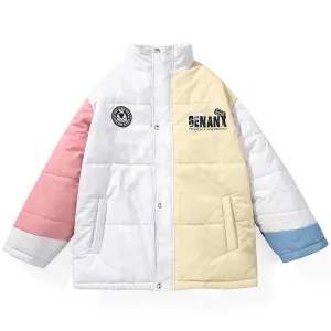 Color Block Graffiti Print Patchwork Stand Collar Padded Coat