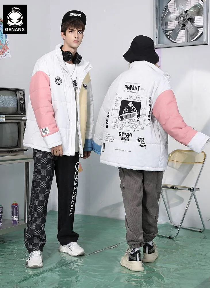 Color Block Graffiti Print Patchwork Stand Collar Padded Coat